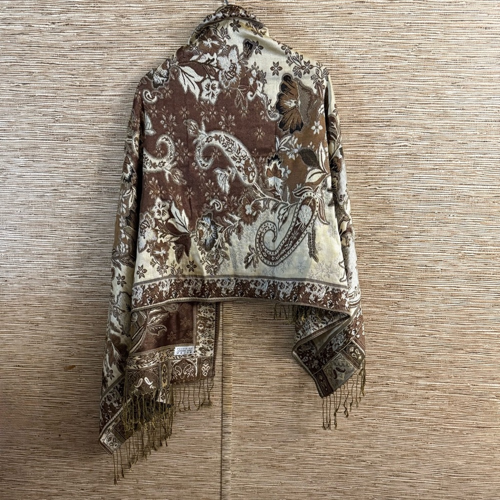 Pashmina Scarf Shawl Floral Paisley Cream Brown Cashmere Silk Soft 28.5”x 66” - Picture 2 of 10